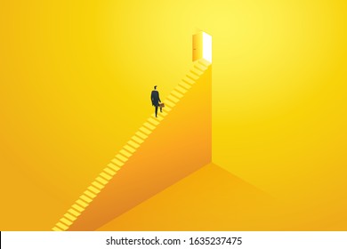 Businessman rushing up the stairs to the target goal at door and success. Business concept illustration Vector