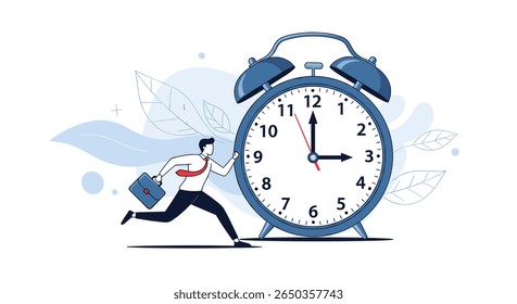 Businessman rushing towards large alarm clock showing time to act urgently