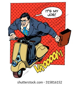 Businessman Rushing To Work On A Scooter Retro Style Pop Art Business Business Concept