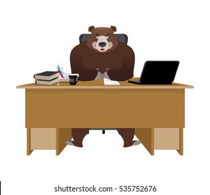 Businessman from Russia. Bear sitting in an office. Russian big boss at table. National folk chief. Beast leader. Workplace supervisor. Director desktop. Laptop and phone. Cup of coffee and Chair