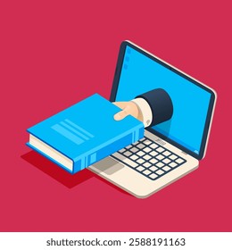 Businessman s hand extending from laptop screen, offering a blue book, illustrating the concept of online education and e learning against a vibrant red background