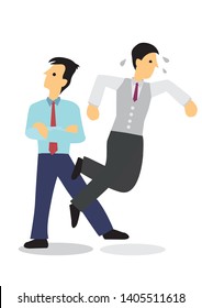 Businessman sabotage his colleague. Concept of corporate bully or bad office ethics. Isolated flat vector illustration.