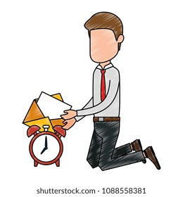businessman sad with alarm clock and envelope