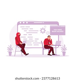 The businessman is sad because someone has hacked his account data. Could Computing concept. Trend Modern vector flat illustration