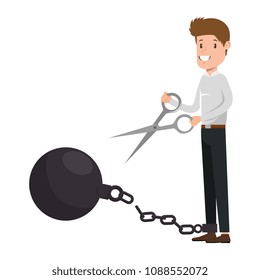 businessman sad with slave shackle and scissors