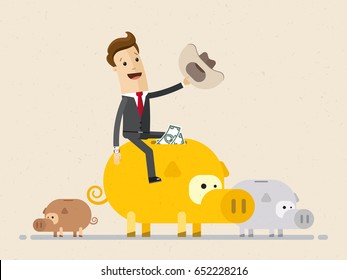 Businessman saddle a big piggy bank like a cowboy. Vector, illustration, flat