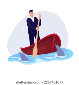 Businessman sailing in boat on sea water with sharks vector illustration. Cartoon man with determination and courage leading enterprise among danger threats, risk and challenge to business success