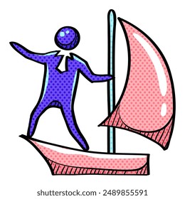Businessman sailing halftone icon hand drawn color vector illustration