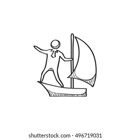 Businessman sailing icon in doodle sketch lines. Business manager leader aiming goal direction