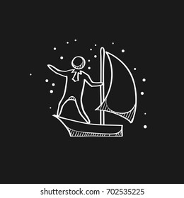 Businessman sailing icon in doodle sketch lines. Business manager leader aiming goal direction