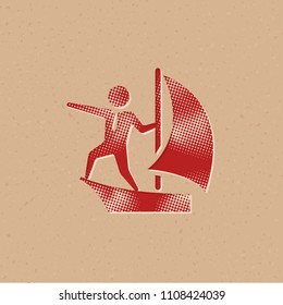 Businessman sailing icon in halftone style. Grunge background vector illustration.
