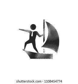 Businessman sailing icon in halftone style. Black and white monochrome vector illustration.