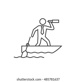 Businessman sailing icon in thin outline style. Business manager leader aiming goal direction