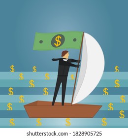 A businessman is sailing on a boat with a sail. Gold dollar signs float around. Money, finance, business concept. Marine ocean landscape. Vector illustration.
