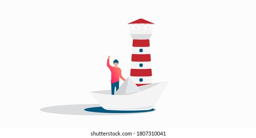 Businessman is sailing on paper boat in ocean