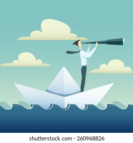 Businessman is sailing on paper boat in ocean 