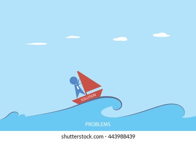 businessman is sailing on red sailboat, solution and business concept