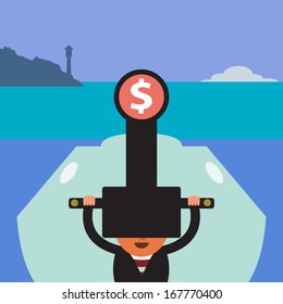 Businessman sailing in submarine seeking for money