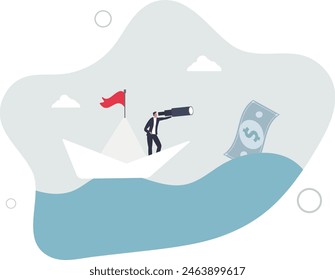 businessman salary man investor riding the boat using telescope to see far money.flat vector illustration.