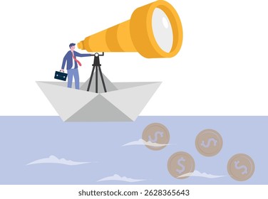 businessman salary man investor riding the boat using telescope to see far money.

