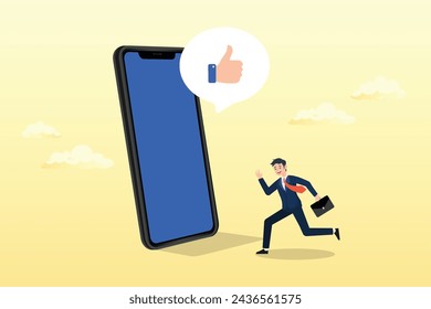 Businessman sale representative agent talk in phone call with thumb up feedback, phone call expert to generate lead or sales, success telemarketing tell promotion to prospect or client (Vector)