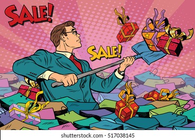 Businessman and sales season, retro man with a shovel is among the gifts, pop art retro vector illustration