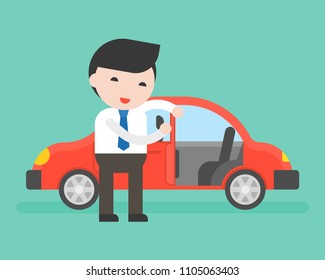 Businessman or salesman open car's door for customer, business situation for car rental service, flat design