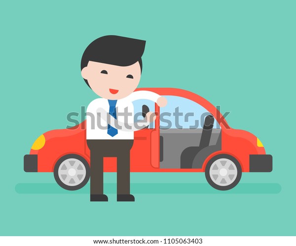 Businessman or salesman
open car's door for customer, business situation for car rental
service, flat
design