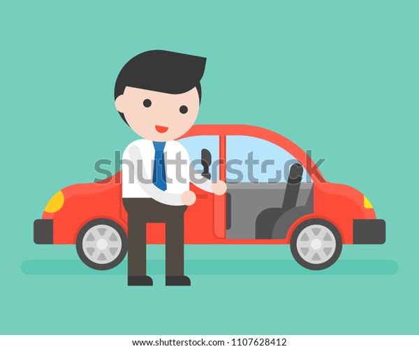 Businessman or salesman\
open car\'s door for customer, business situation for car rental\
service, flat\
design