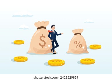 Businessman salesperson standing with money bag and commission portion, commission payment, interest rate for loan payment or investment profit percentage, incentive to reward or motivate (Vector)