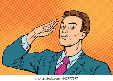 businessman salutes subordination. Pop art retro vector illustration drawing