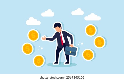 Businessman saluting several dollar coins surrounding him, illustration of happiness from multiple business projects that successfully boost business profits