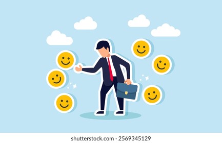 Businessman saluting several happy emoticons surrounding him, illustration of happiness from positive responses and attention from the market