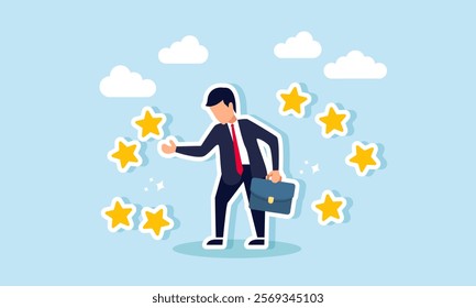 Businessman saluting several stars surrounding him, illustration of happiness from positive feedback on business product quality