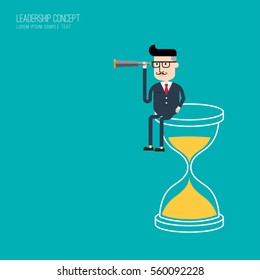 Businessman up sand clock looking through the telescope, Leadership concept, Business Concept, Flat style vector illustration EPS 10.