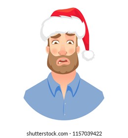 Businessman in Santa Claus hat. Face of man with beard. Men emotions