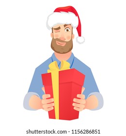 Businessman in Santa Claus hat. Gift of man. Man holding red present box