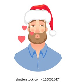 Businessman in Santa Claus hat. Man in love. Kiss for you. Face of man with beard