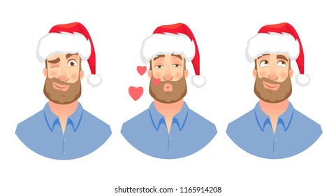 Businessman in Santa Claus hat. Man emotions set. Face of man with beard vector illustration