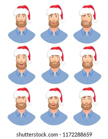 Businessman in Santa Claus hat. Man emotions set. Face of man with beard vector illustration