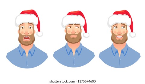 Businessman in Santa Claus hat. Man emotions set. Face of man with beard vector illustration