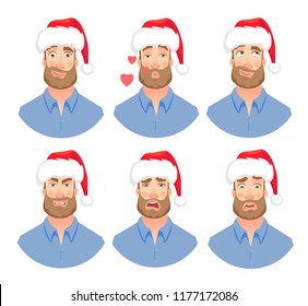 Businessman in Santa Claus hat. Man emotions set. Face of man with beard vector illustration