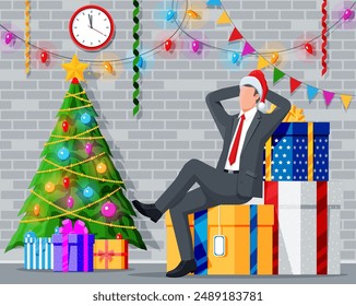 Businessman in Santa Claus Hat Sitting in Stack of Presents. Man and Christmas Gift Boxes. Happy New Year Decoration. Merry Christmas Holiday. New Year and Xmas Celebration. Flat Vector Illustration