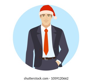 Businessman in Santa hat with briefcase standing with hand in pocket. Portrait of businessman character in a flat style. Vector illustration.