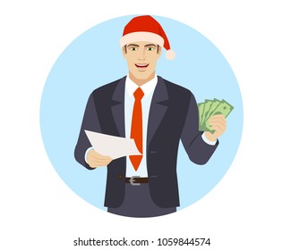 Businessman in Santa hat with cash money holding a paper. Portrait of businessman in a flat style. Vector illustration.