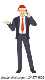 Businessman in Santa hat gesturing. Full length portrait of businessman in a flat style. Vector illustration.