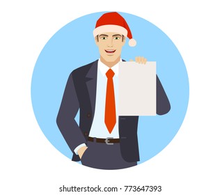 Businessman in Santa hat with hand in pocket showing the blank paper. Portrait of businessman in a flat style. Vector illustration.