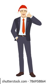 Businessman in Santa hat with hand in pocket showing a call me sign. Full length portrait of businessman in a flat style. Vector illustration.