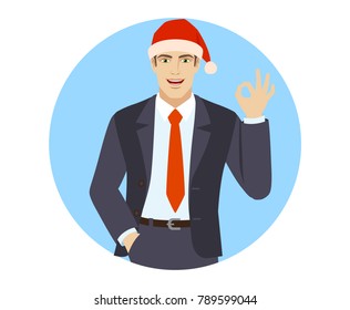 Businessman in Santa hat with hand in pocket showing a okay hand sign. Portrait of businessman in a flat style. Vector illustration.