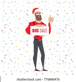 Businessman in Santa hat holding the banner sign with inscription "Big Sale" on it. Vector illustration.